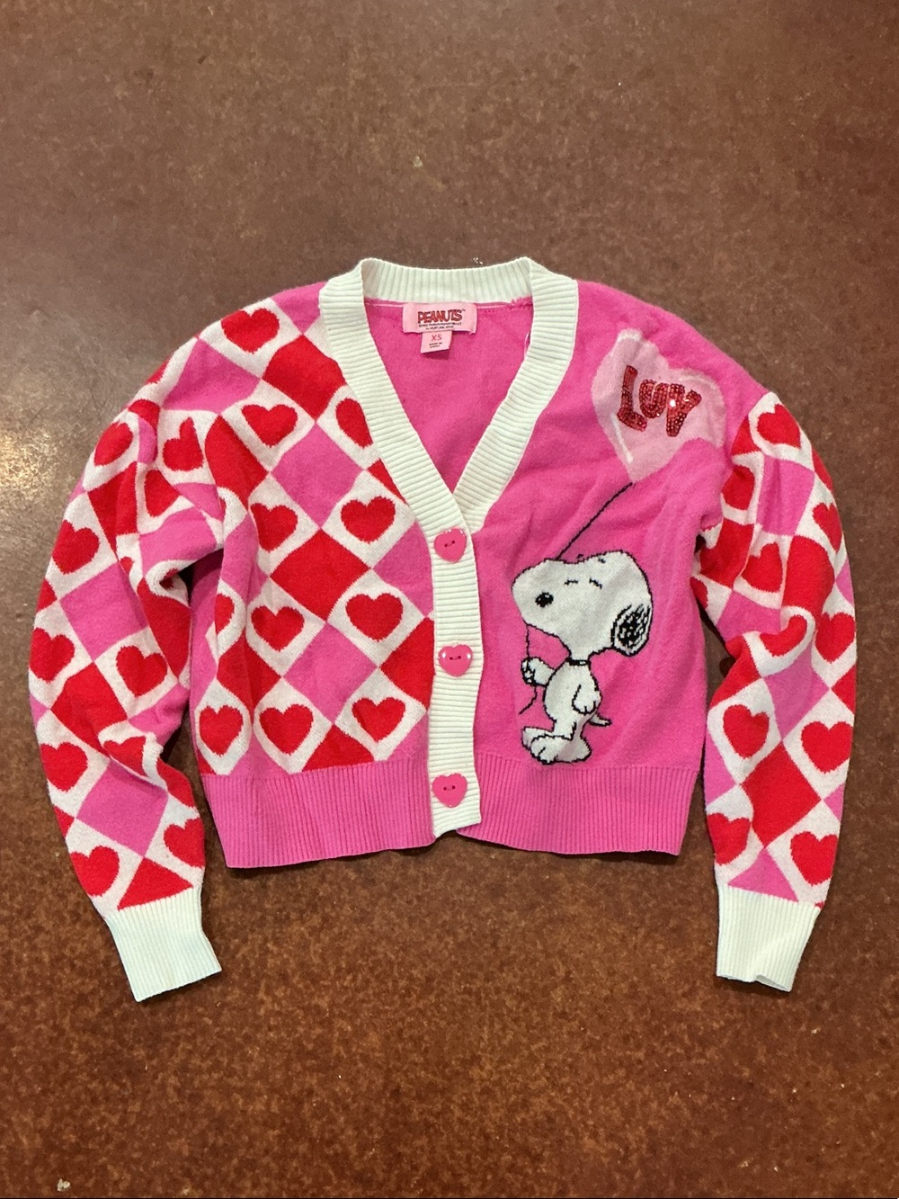 Peanuts Pink Red White Heart & Snoopy Cardigan